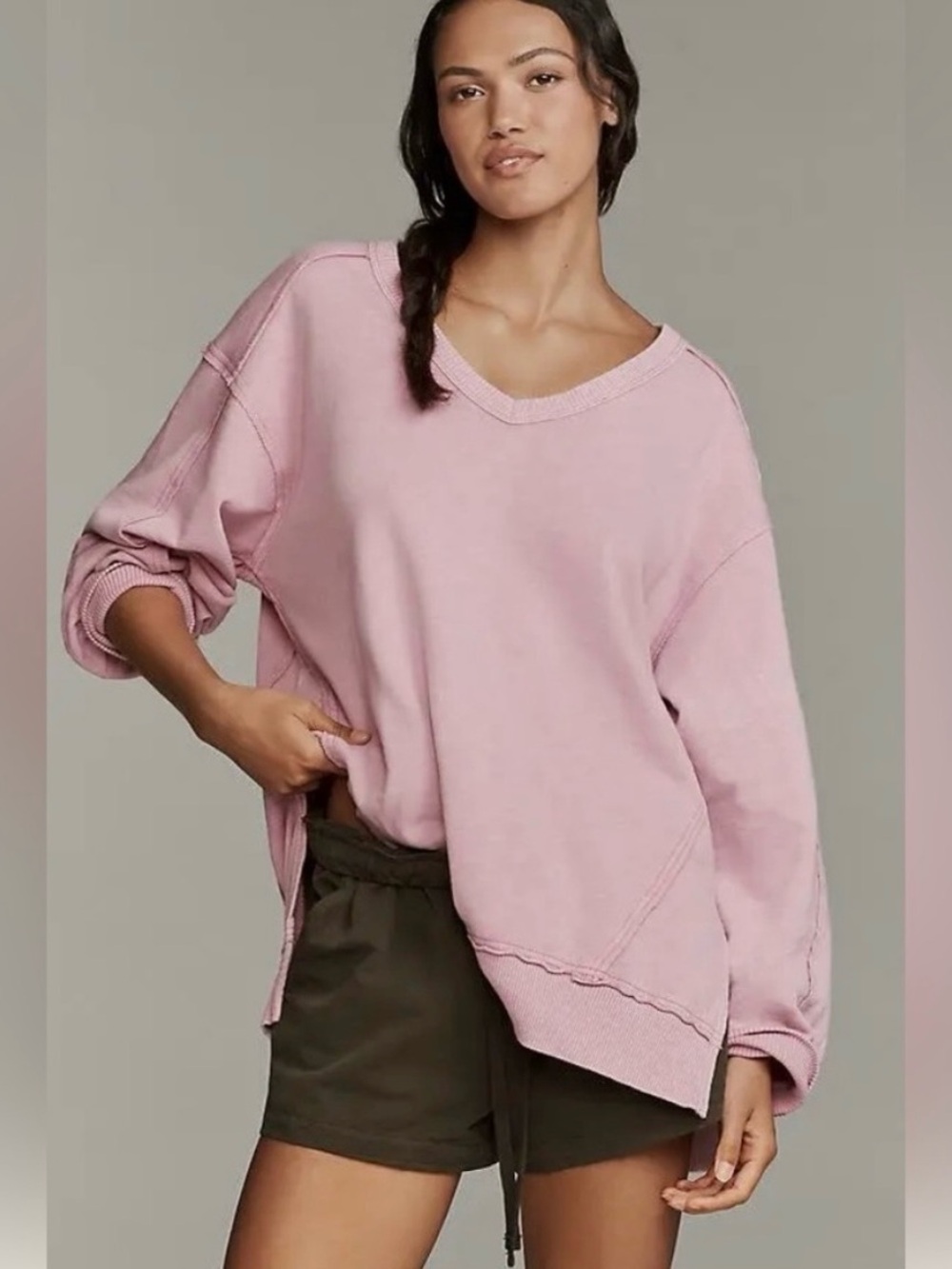 Anthropologie XL Pilcro Long-Sleeve V-Neck Oversized Popover Top raw edges knit